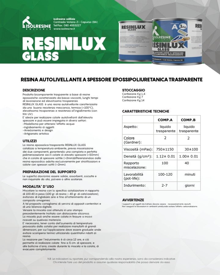RESINLUX GLASS - Resina epossipoliuretanica trasparente per colate ad alto spessore, dettagli tecnici e utilizzo.