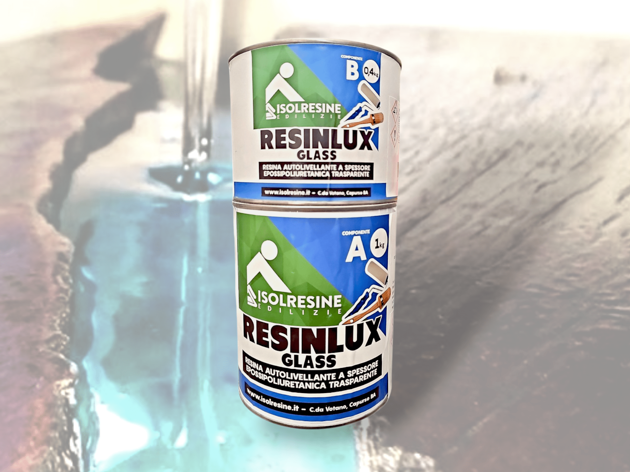 RESINLUX GLASS 1,4 KG - resina epossipoliuretanica trasparente per colate ad alto spessore.